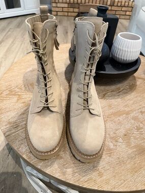 Sam Edelman Beige Suede Lace-Up Combat Boots
